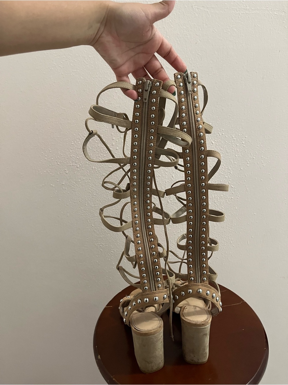 Gianni Bini Beige Lace-Up Studded Gladiator Heeled Sandals - Picture 3 of 4